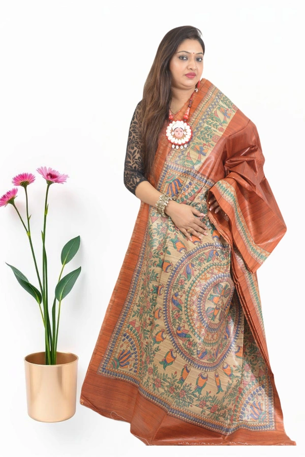 SKU-0508, Pure Gicha->Hand Tant Weaving->With Blouse Piece - Normal Length 6.3 mtr Plus, Rust, Plain / Solid, Dry Clean Only, Yes