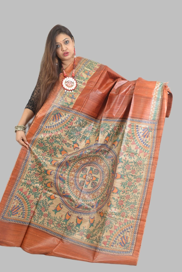 SKU-0508, Pure Gicha->Hand Tant Weaving->With Blouse Piece - Normal Length 6.3 mtr Plus, Rust, Plain / Solid, Dry Clean Only, Yes
