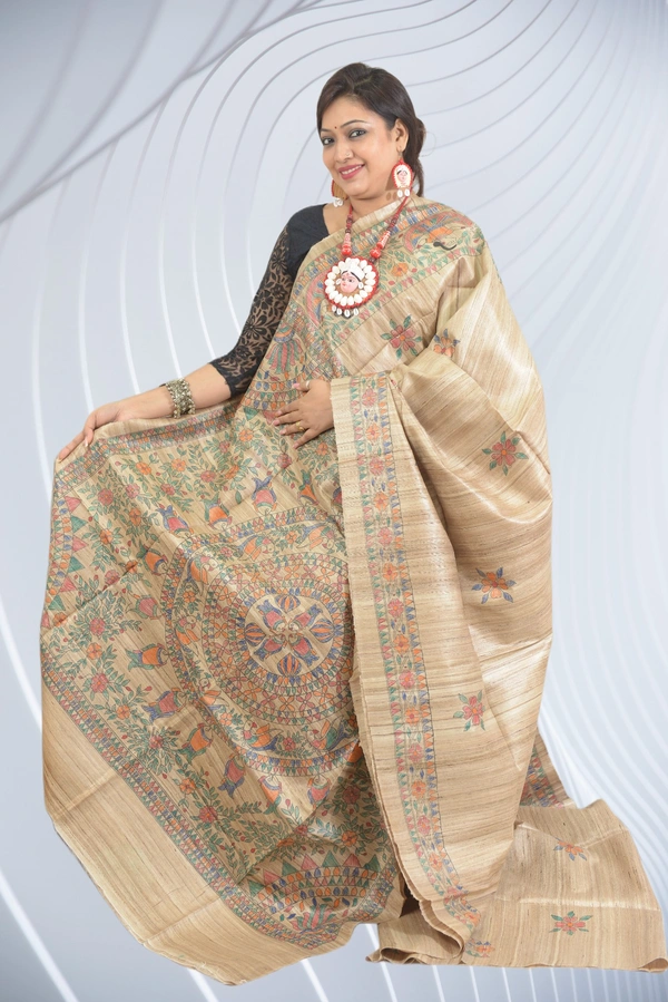 SKU-0509, Pure Gicha->Hand Tant Weaving->With Blouse Piece - Normal Length 6.3 mtr Plus, Tussar, Plain / Solid, Dry Clean Only, Yes