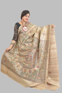 SKU-0509, Pure Gicha->Hand Tant Weaving->With Blouse Piece - Normal Length 6.3 mtr Plus, Tussar, Plain / Solid, Dry Clean Only, Yes