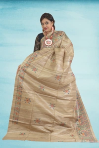 SKU-0509, Pure Gicha->Hand Tant Weaving->With Blouse Piece - Normal Length 6.3 mtr Plus, Tussar, Plain / Solid, Dry Clean Only, Yes
