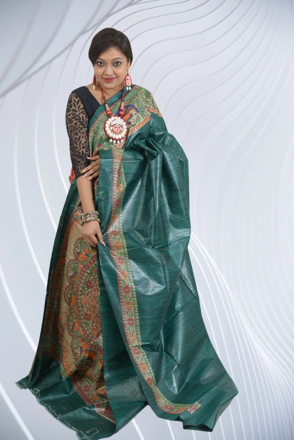 SKU-0510, Pure Gicha->Hand Tant Weaving->With Blouse Piece - Normal Length 6.3 mtr Plus, Teal, Plain / Solid, Dry Clean Only, Yes