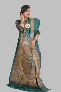 SKU-0510, Pure Gicha->Hand Tant Weaving->With Blouse Piece - Normal Length 6.3 mtr Plus, Teal, Plain / Solid, Dry Clean Only, Yes