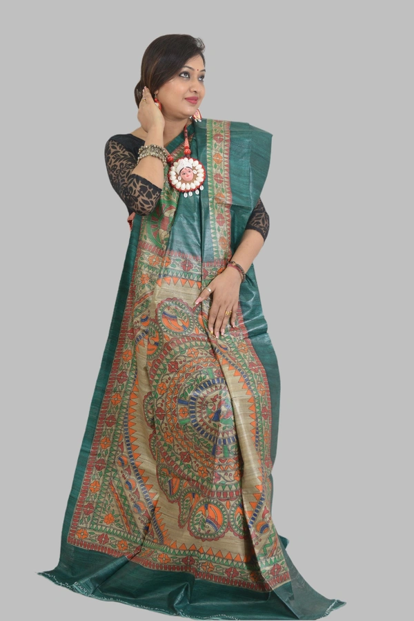 SKU-0510, Pure Gicha->Hand Tant Weaving->With Blouse Piece - Normal Length 6.3 mtr Plus, Teal, Plain / Solid, Dry Clean Only, Yes