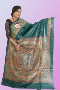 SKU-0510, Pure Gicha->Hand Tant Weaving->With Blouse Piece - Normal Length 6.3 mtr Plus, Teal, Plain / Solid, Dry Clean Only, Yes