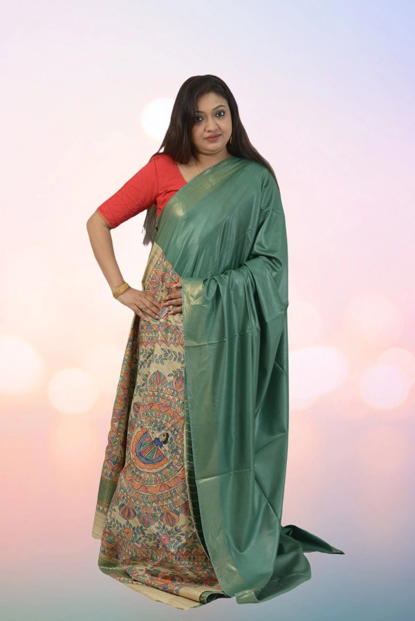 SKU0479 : Elegant Handwoven Tussar Ghicha Bapta Saree – Traditional Bengal Weave  - Normal Length 6.3 mtr Plus, Green, Plain / Solid, Dry Clean Only, Yes