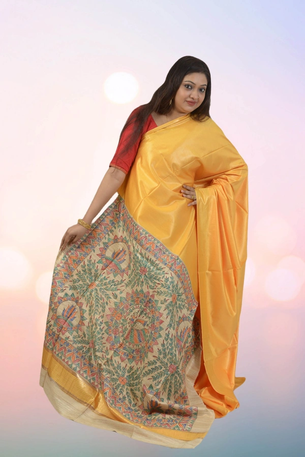 SKU0480 : Elegant Handwoven Tussar Ghicha Bapta Saree – Traditional Bengal Weave  - Normal Length 6.3 mtr Plus, Yellow, Plain / Solid, Dry Clean Only, Yes