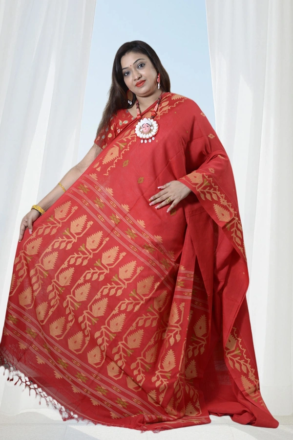 SKU-0392, Pure Cotton->Hand Tant Weaving->With Blouse Piece - Normal Length 6.3 mtr Plus, Red, Buti / Booti, Hand Wash, Yes