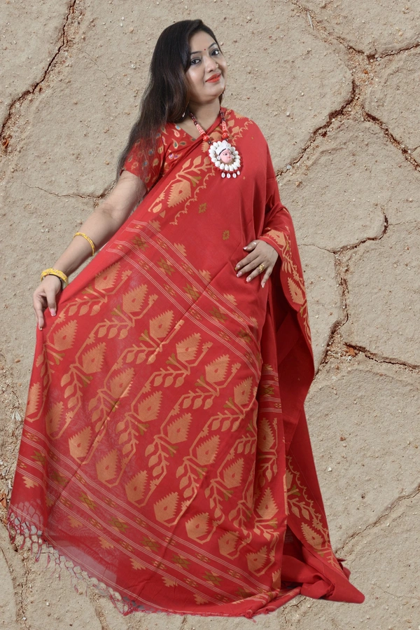SKU-0392, Pure Cotton->Hand Tant Weaving->With Blouse Piece - Normal Length 6.3 mtr Plus, Red, Buti / Booti, Hand Wash, Yes