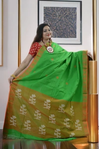 SKU-0387, Pure Cotton->Hand Tant Weaving->With Blouse Piece - Normal Length 6.3 mtr Plus, Green, Buti / Booti, Hand Wash, Yes