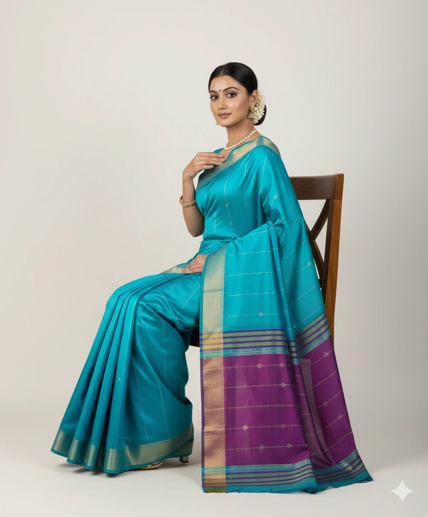 SKU1007 | Exclusive Indian Soft Bishnupuri Katan Silk Saree | Kolakhetra Saree | All Over Chain Motif - Dry Wash Only, Yes