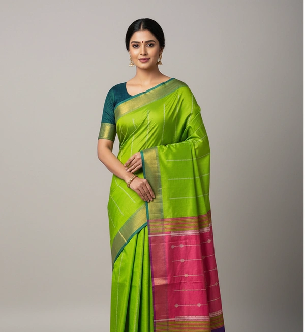 SKU1009 | Exclusive Indian Soft Bishnupuri Katan Silk Saree | Kolakhetra Saree | All Over Chain Motif - Dry Wash Only, Yes