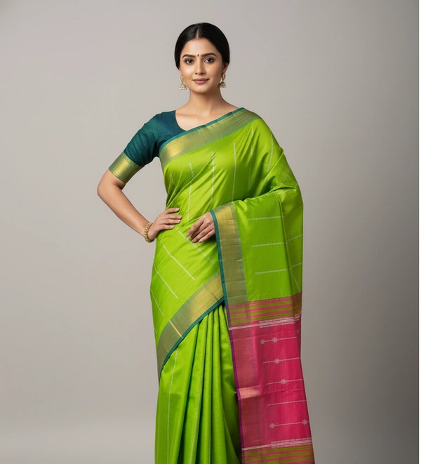 SKU1009 | Exclusive Indian Soft Bishnupuri Katan Silk Saree | Kolakhetra Saree | All Over Chain Motif - Dry Wash Only, Yes