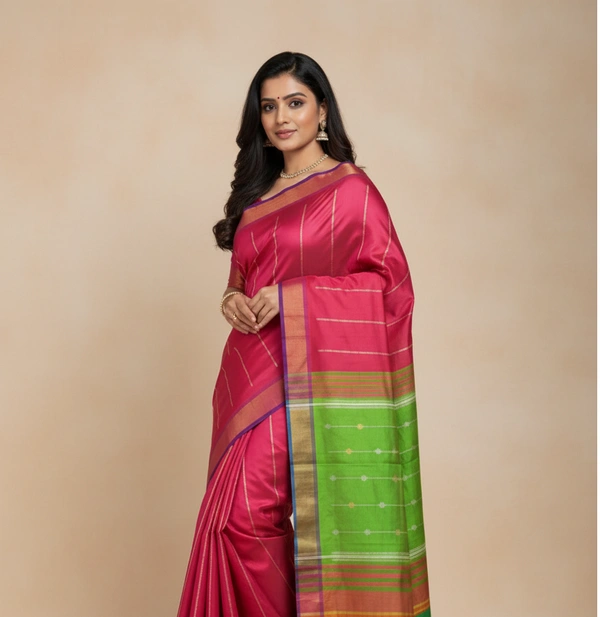 SKU1014 | Exclusive Indian Soft Bishnupuri Katan Silk Saree | Kolakhetra Saree | All Over Chain Motif - Dry Wash Only, Yes