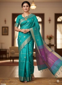 SKU1045 | Exclusive Indian Soft Bishnupuri Katan Silk Saree | Kolakhetra Saree | All Over Chain Motif - Dry Wash Only, Yes