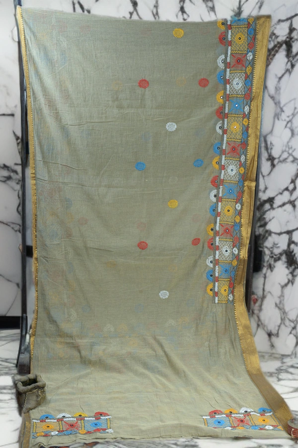 SKU-0374 -> Pure Cotton -> Mangalgiri - Lumbani Work - Geometric, Hand Paint, Dry Clean Only, Yes