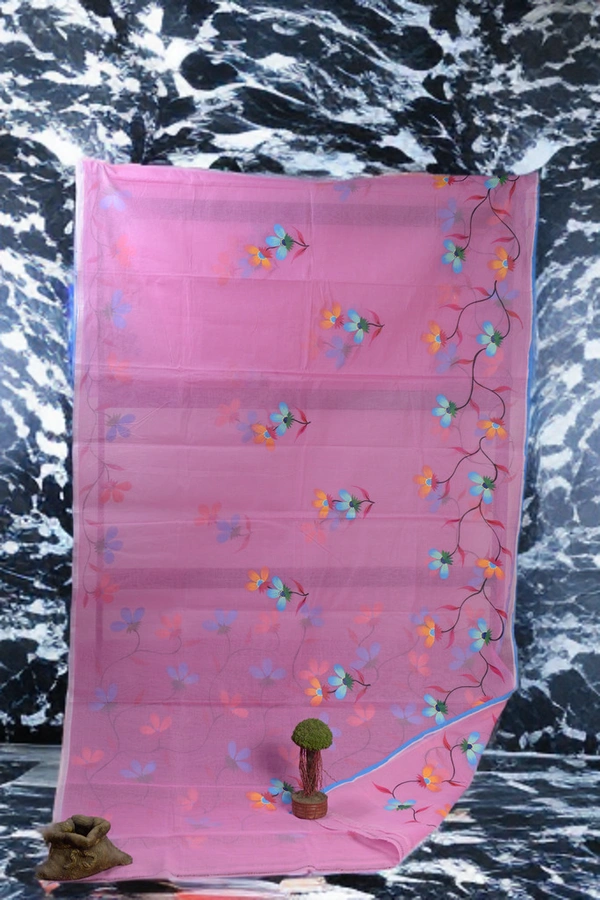 SKU-0375 -> Pure Cotton ->Floral -> Hand Paint - Pink, Floral, Hand Paint, Dry Clean Only, Yes