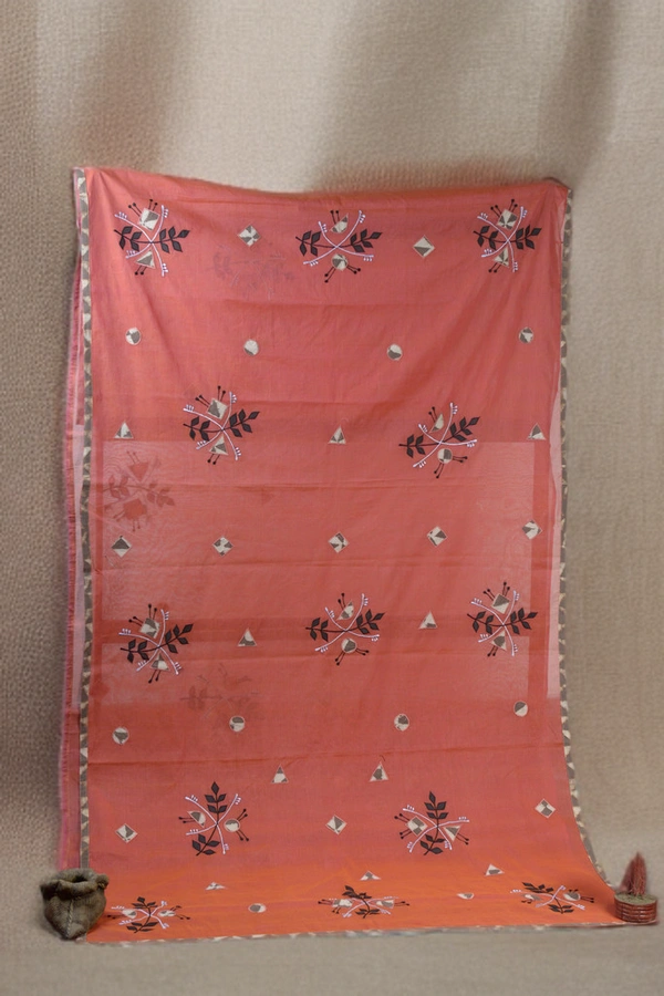 SKU-0378 -> Pure Cotton -> Dhanekhali -> Applic Work Border - Floral, Hand Paint, Dry Clean Only