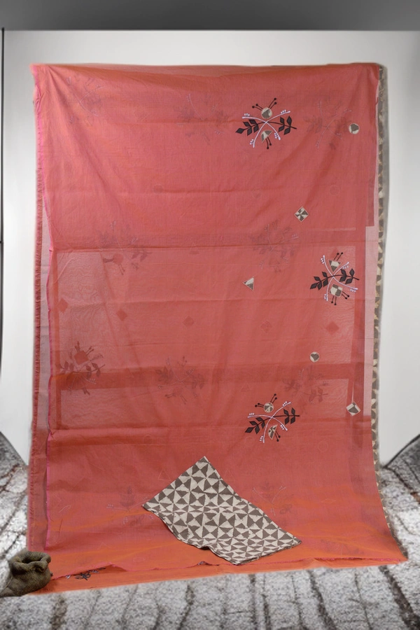 SKU-0378 -> Pure Cotton -> Dhanekhali -> Applic Work Border - Floral, Hand Paint, Dry Clean Only