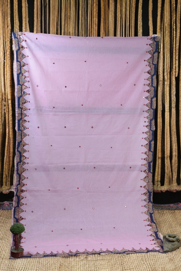 SKU-0379 -> Pure Cotton -> Dhanekhali -> Applic Work Border - Pink, Buti / Booti, Dry Clean Only