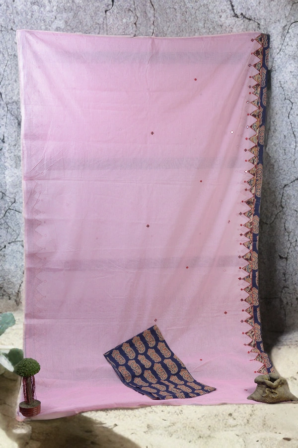 SKU-0379 -> Pure Cotton -> Dhanekhali -> Applic Work Border - Pink, Buti / Booti, Dry Clean Only