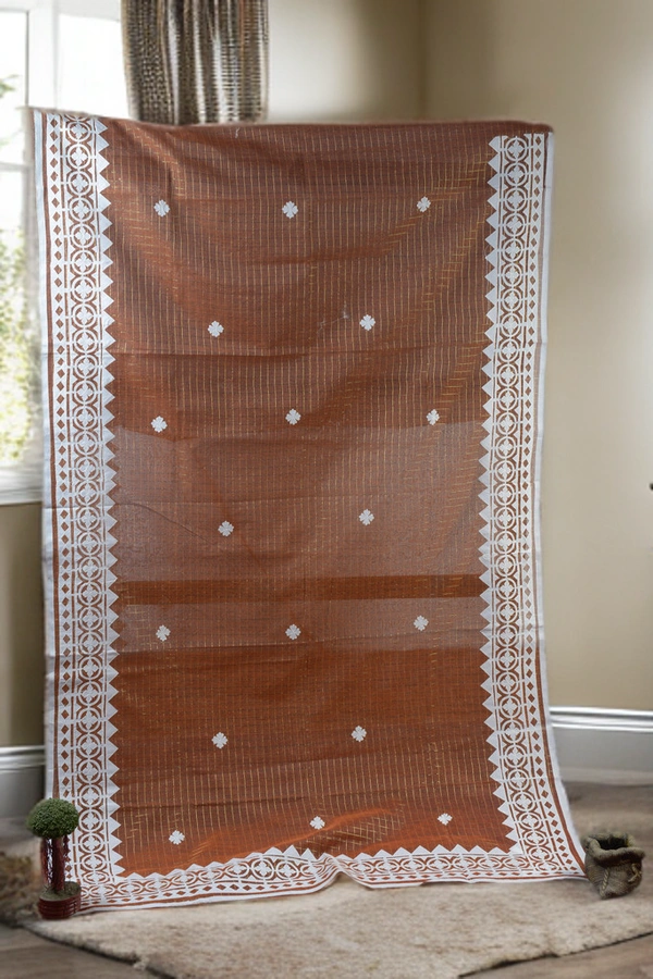 SKU-0380 -> Pure Cotton -> Applic cut work - Zari Check Tant - Brown, Geometric, Dry Clean Only, Yes