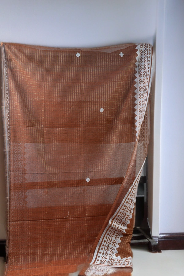 SKU-0380 -> Pure Cotton -> Applic cut work - Zari Check Tant - Brown, Geometric, Dry Clean Only, Yes