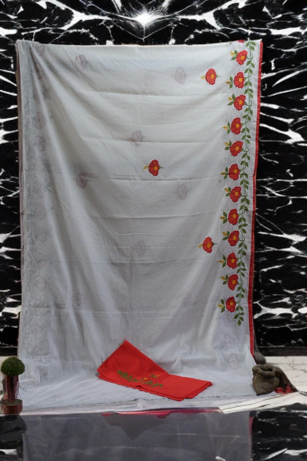 SKU-0369 -> Pure Cotton -> Dhanekhali - White, Floral, Hand Paint, Dry Clean Only, Yes