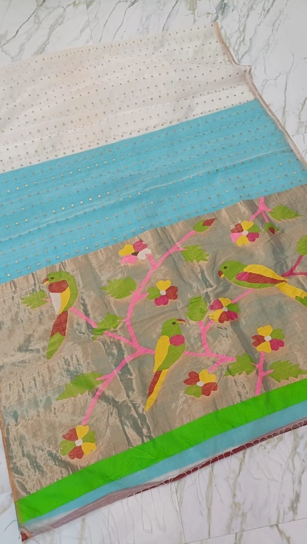 SKU-0514 -> Paithani Saree -> Handloom - White, Bird Motive, Hand Wash, Yes