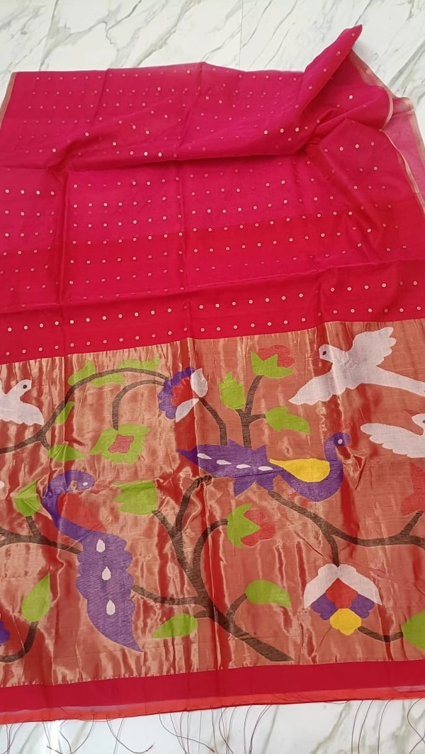  SKU-0516 -> Paithani Saree -> Handloom - Red, Bird Motive, Hand Wash, Yes
