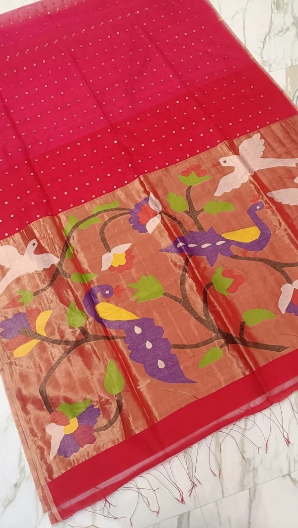  SKU-0519 -> Paithani Saree -> Handloom - Red, Bird Motive, Hand Wash, Yes