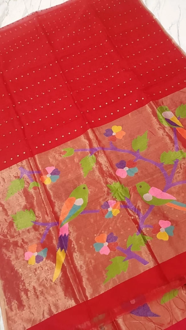 SKU-0520 -> Paithani Saree -> Handloom - Red, Bird Motive, Hand Wash, Yes