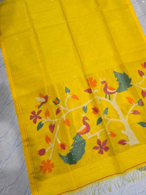 SKU-0521 -> Paithani Saree -> Handloom - Yellow, Bird Motive, Hand Wash, Yes