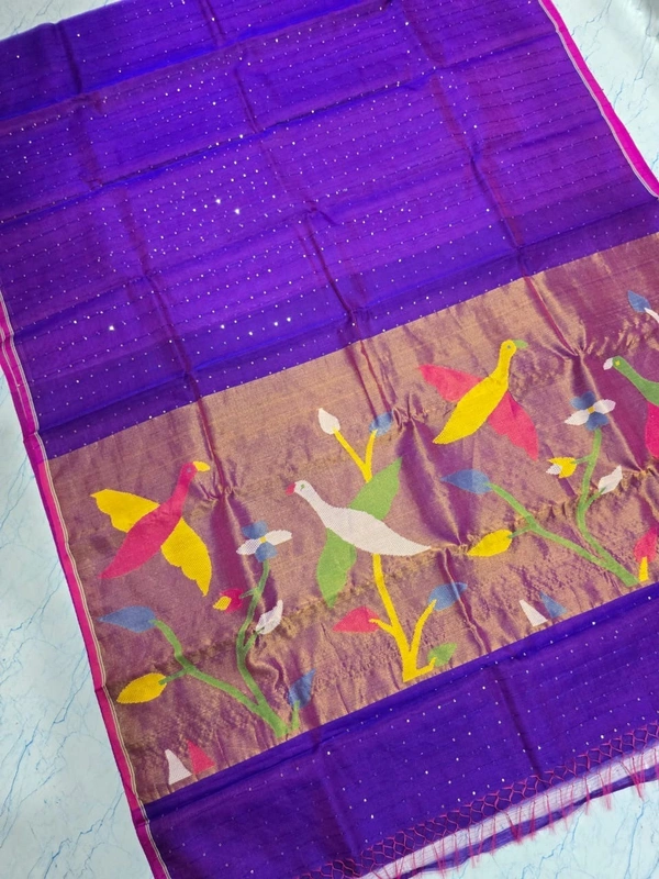 SKU-0526 -> Paithani Saree -> Handloom - Purple, Bird Motive, Hand Wash, Yes