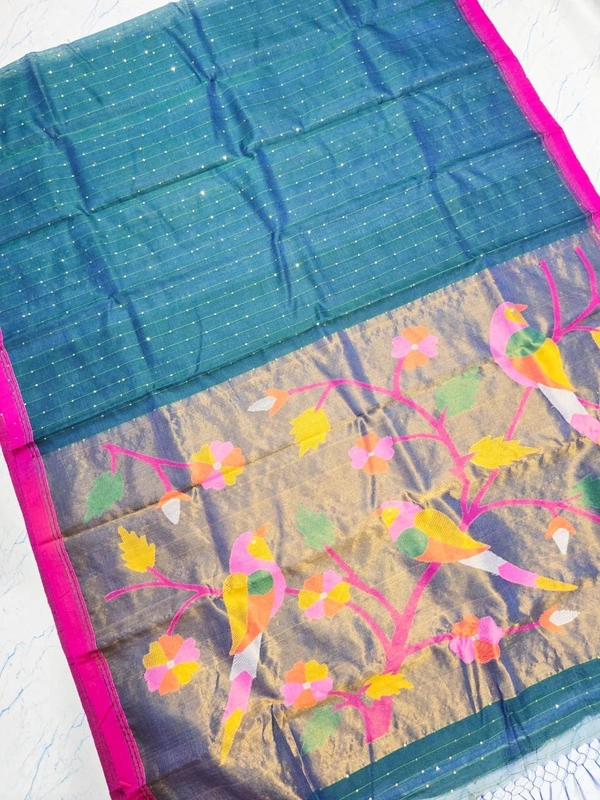 SKU-0529 -> Paithani Saree -> Handloom - Sky Blue, Bird Motive, Hand Wash, Yes