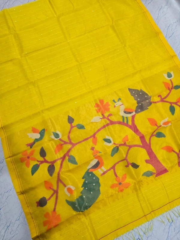 SKU-0531 -> Paithani Saree -> Handloom - Yellow, Bird Motive, Hand Wash, Yes
