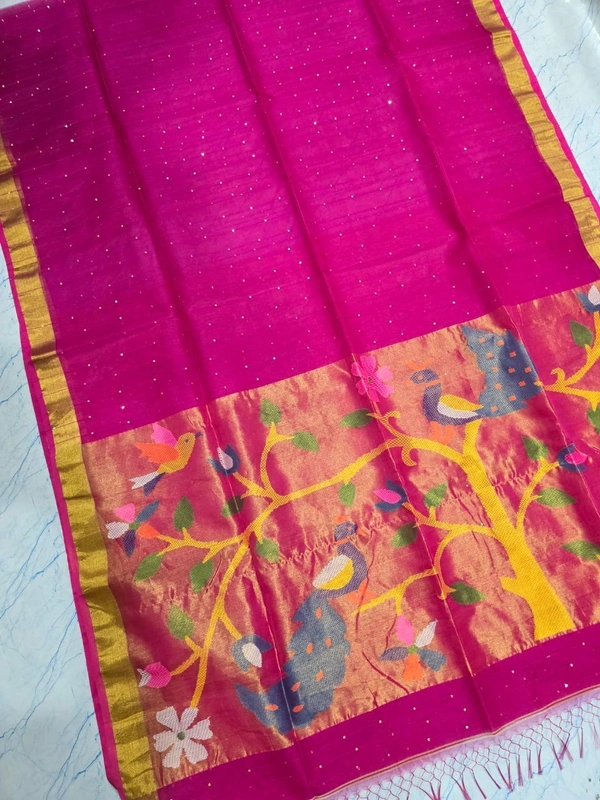 SKU-0532 -> Paithani Saree -> Handloom - Pink, Bird Motive, Hand Wash, Yes