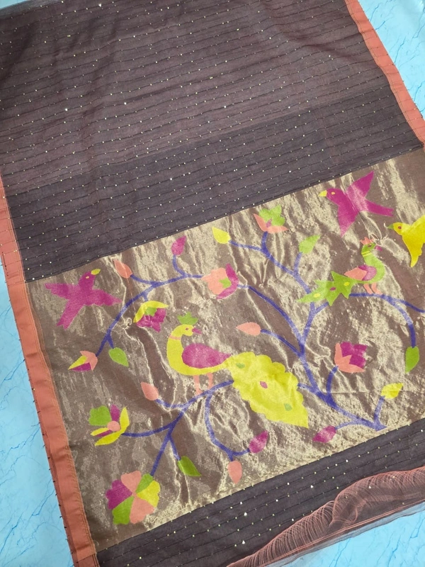 SKU-0533 -> Paithani Saree -> Handloom - Grey, Bird Motive, Hand Wash, Yes