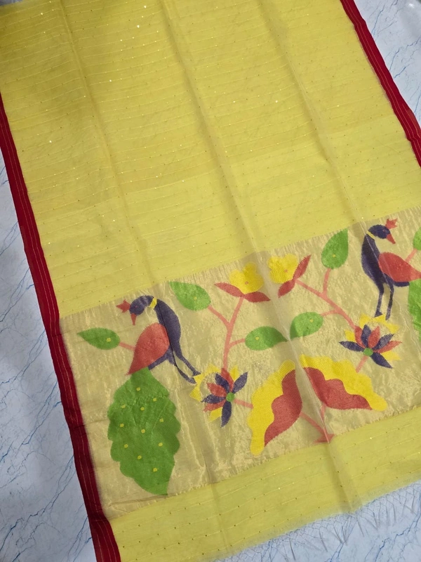  SKU-0534 -> Paithani Saree -> Handloom - Yellow, Bird Motive, Hand Wash, Yes