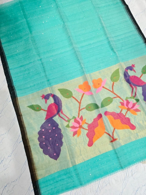  SKU-0536 -> Paithani Saree -> Handloom - Sky Blue, Bird Motive, Hand Wash, Yes