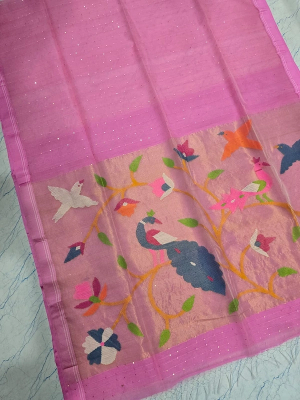 SKU-0538 -> Paithani Saree -> Handloom - Pink, Bird Motive, Hand Wash, Yes