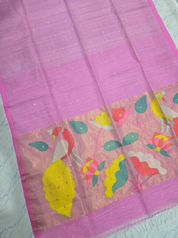  SKU-0539 -> Paithani Saree -> Handloom - PInk, Bird Motive, Hand Wash, Yes