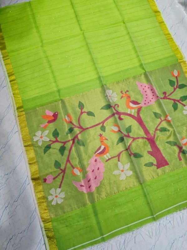  SKU-0543 -> Paithani Saree -> Handloom - Green, Bird Motive, Hand Wash, Yes