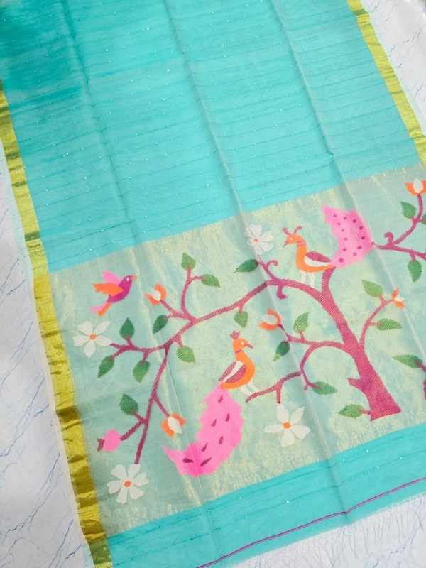 SKU-0544 -> Paithani Saree -> Handloom - Sky blue, Bird Motive, Hand Wash, Yes