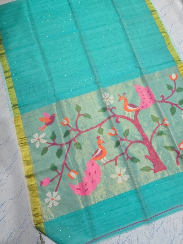 SKU-0545 -> Paithani Saree -> Handloom - Sky Blue, Bird Motive, Hand Wash, Yes