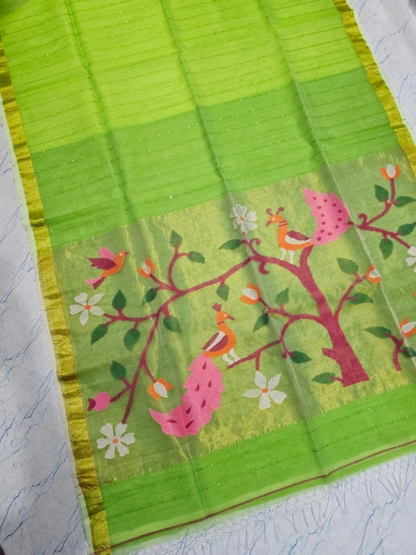  SKU-0546 -> Paithani Saree -> Handloom - Green, Bird Motive, Hand Wash, Yes