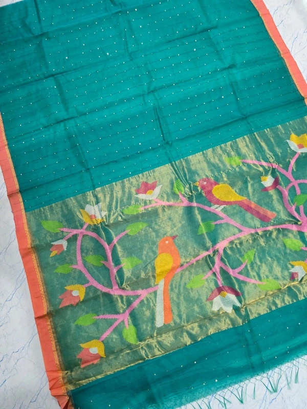 SKU-0549 -> Paithani Saree -> Handloom - Deep Green, Bird Motive, Hand Wash, Yes