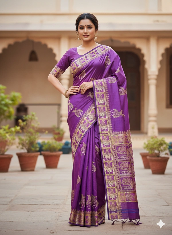 SKU1062 : Exclusive Indian Soft Bishnupuri Katan Silk Saree | Premium Quality - Block Print, Dry Wash Only, Yes