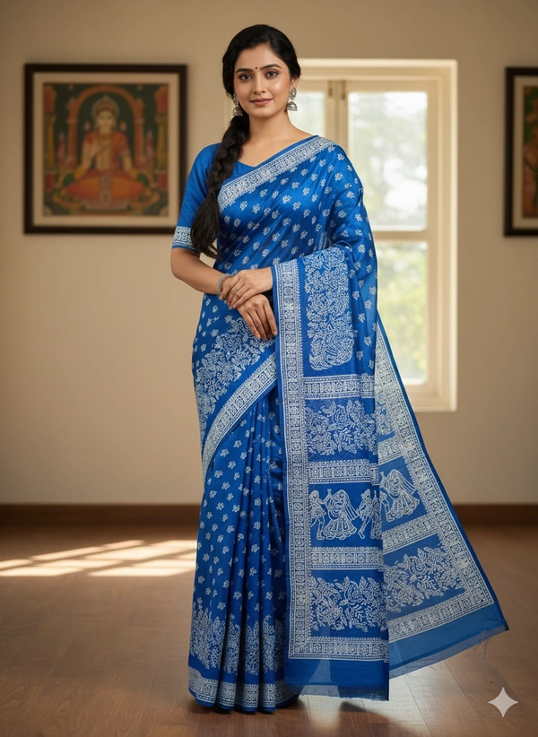 SKU1063 : Exclusive Indian Soft Bishnupuri Katan Silk Saree | Premium Quality - Block Print, Dry Wash Only, Yes