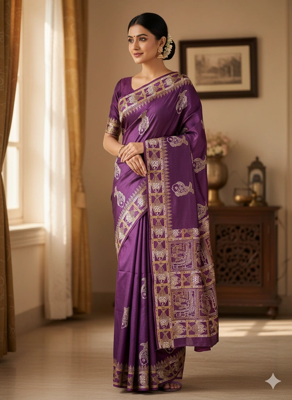 SKU1064 : Exclusive Indian Soft Bishnupuri Katan Silk Saree | Premium Quality - Block Print, Dry Wash Only, Yes